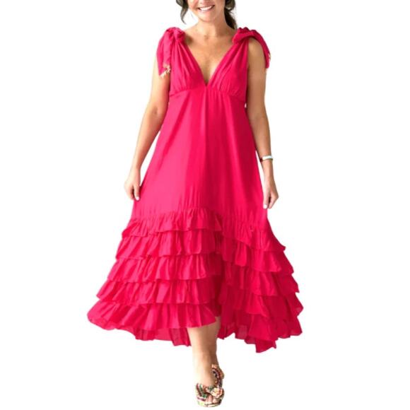 SUNDRESS Maggie Fuchsia Pink Midi Maxi Dress Large Deep V Ruffle Hem Cotton Silk - Picture 3 of 12